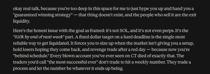 White text on black background discussing trading strategy, reading: 'okay real talk, because you're too deep in this space for me to just hype you up and hand you a 'guaranteed winning strategy' — that thing doesn't exist...'