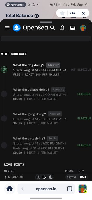 An OpenSea mobile screenshot showing mint schedules for 'What the dog doing', 'colabs', 'gang', and 'cats doing' NFTs on Aug 14, with prices around $0.19.