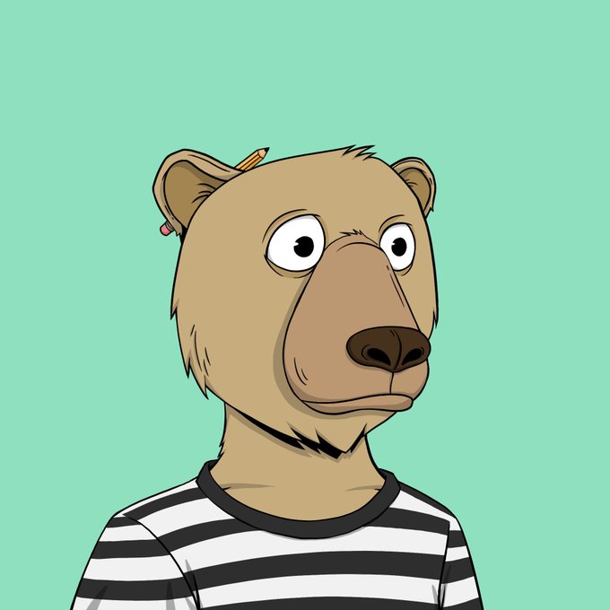 An illustration of a cartoon bear character with wide eyes wearing a black-and-white striped shirt, with a small pencil tucked behind its ear, set against a mint green background.