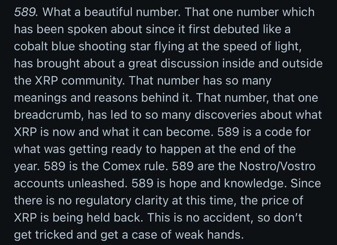 A text excerpt discussing the significance of the number 589 in the XRP community, mentioning Comex rules, Nostro/Vostro accounts, and regulatory clarity.