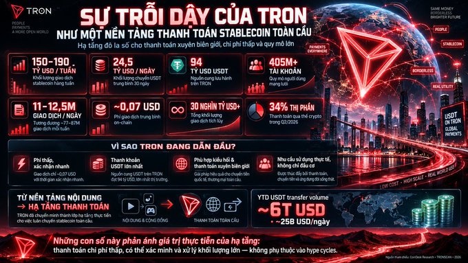 The image is a Vietnamese infographic titled "Sự Trỗi Dậy của TRON" (The Rise of TRON), highlighting TRON's position as a global stablecoin payment platform with key metrics including 150-190 billion USD/T+ in stablecoin transactions, 94 billion USDT transferred in Q2/2026, and over 405 million TRON users. It visualizes TRON's dominance in stablecoin payments, supporting the accompanying post's emphasis on the network's growing role in global digital finance.