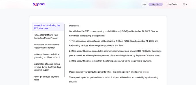 A webpage from m2pool announces the closure of the RXD currency mining pool, providing instructions and timelines for users.