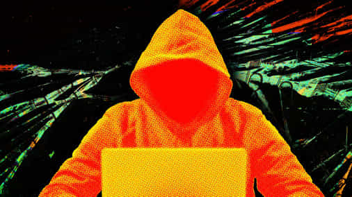 The image shows a close-up of a person sitting at a computer, wearing an orange hoodie while using a laptop. The background features abstract patterns that are orange and green, and there appears to be a text overlay suggesting an alert or warning message related to the wallet being exploited by someone outside of the country. The main focus is on the individual in the foreground, who seems to be unaware of the situation.
