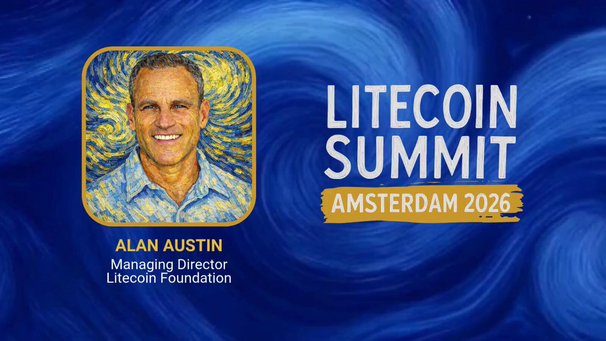 The image features a man with a blue shirt smiling for the camera against a blue background that looks like waves or water, possibly representing an ocean. The text "Litecoin Summit Amsterdam 2016" is written above him, indicating the event he is attending. The post also mentions that there will be a speaker at the summit and that it's happening in Amsterdam on June 22-23.