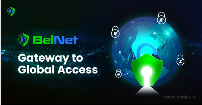 The image is a promotional banner for BelNet, branded with its green shield logo and the tagline "Gateway to Global Access," featuring a stylized globe encircled by security icons (lock, IP, privacy, and user symbols) alongside a large central shield to emphasize privacy and protection. It visually reinforces the post's message about BelNet's decentralized VPN technology and its role within the Beldex ecosystem (beInet.beldex.io).