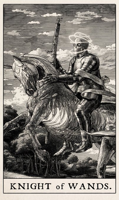 A black and white tarot card illustration labeled 'KNIGHT of WANDS.' shows an armored figure with a skull-like face and a halo riding a horse while holding a staff.