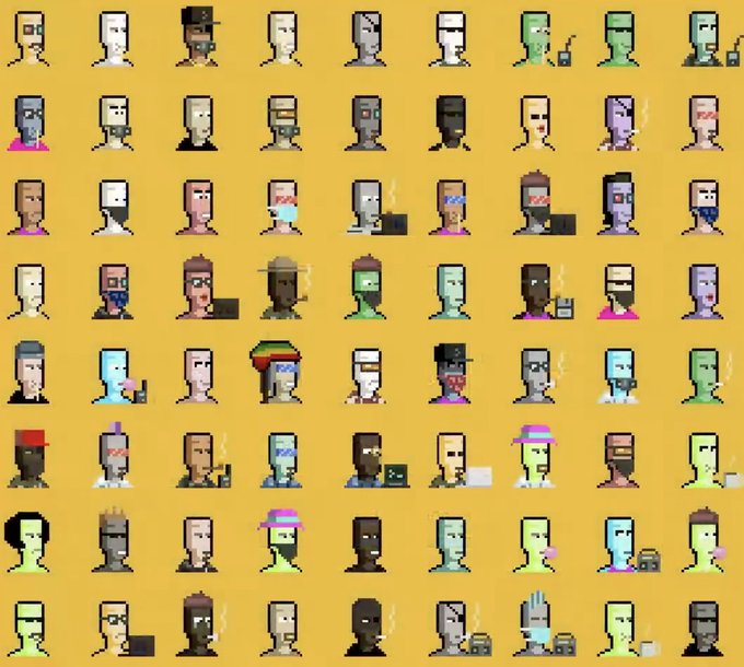 A grid of various pixel art character portraits displayed against a yellow background, featuring diverse faces with different expressions, accessories, and skin tones.