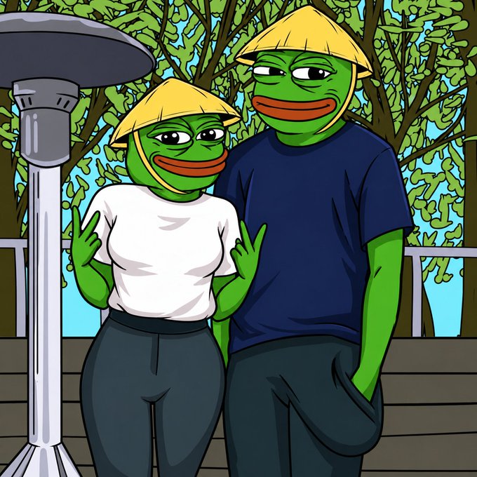 A cartoon illustration of two anthropomorphic Pepe the Frog characters wearing Asian conical hats, standing outdoors with one making a peace sign gesture.