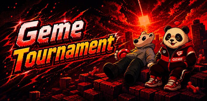 Vibrant red 'Game Tournament' promotional graphic featuring two cartoon panda characters in streetwear, with a cityscape and explosion effects in the background.