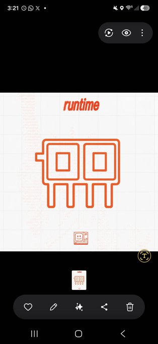 A smartphone screenshot displaying an orange cartoon robot logo with the text 'runtime' on a grid background.