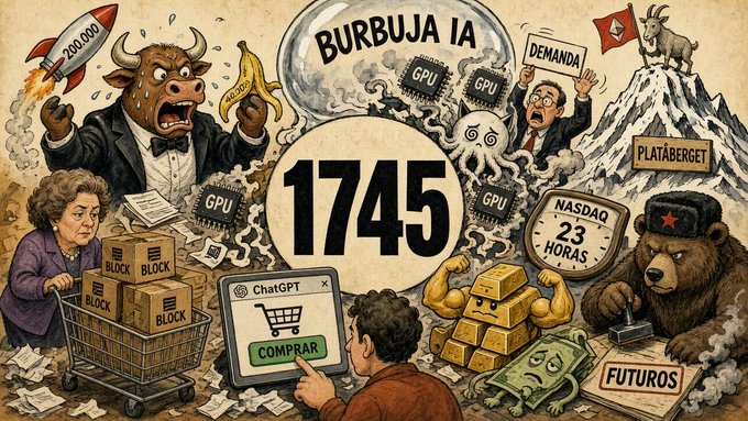 A satirical illustration themed around the 'AI Bubble' (Burbuja IA) showing various financial characters, a rocket, gold bars, and references to ChatGPT, Nasdaq, and '23 horas'.