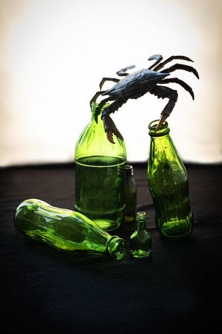 A photograph of a small black crab figurine perched atop several green glass bottles of various sizes, arranged on a dark surface against a white backdrop.