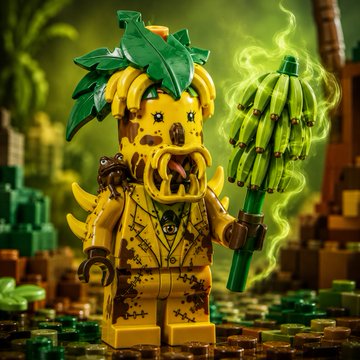 A 3D-rendered LEGO minifigure dressed as a yellow banana with green leaves on its head, holding a bunch of bananas, with a small spider and bat figure in a jungle setting.