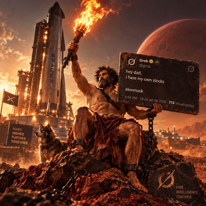 A muscular, shackled man holding a flaming torch and a sign reading "Grok @grok hey dad, i have my own stocks elonmusk" sits on a Mars-like landscape with a SpaceX rocket in the background and a sign reading "MARS HIGHER FURTHER TOGETHER."