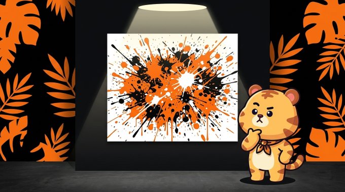 A cartoon orange-and-black splatter painting displayed under a spotlight in a gallery, with a cute orange cat character in front of it; tropical leaf patterns decorate the black side walls.