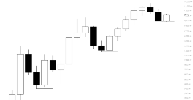 A monthly candlestick chart showing Bitcoin's price action with the current candle highlighted at **69,116**, illustrating a historic market top where BTC reached its peak before entering a corrective phase. The chart visually supports the narrative that this was the cycle's peak, with subsequent candles showing the decline and potential capitulation that could mark the bottom before the next 6-month bullish move.