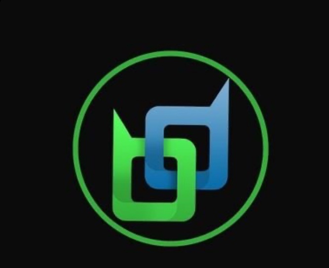 A circular logo featuring interlocking blue and green stylized shapes against a dark gray background.