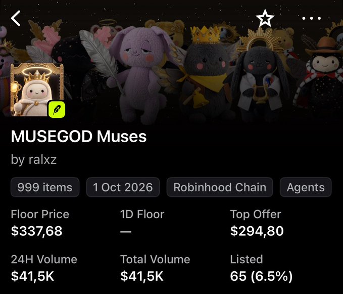 An NFT collection page for MUSEGOD Muses by ralxz on Robinhood Chain, showing 999 items with a floor price of $337.68, 24H volume of $41.5K, and 65 listed.