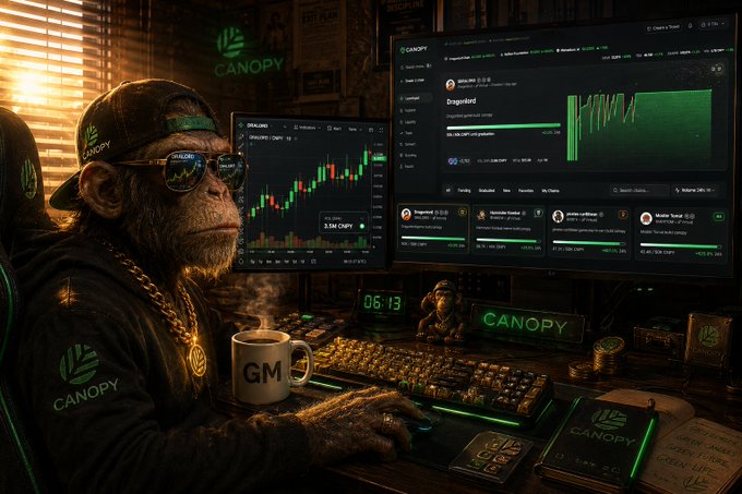AI-generated image of a chimpanzee wearing Canopy branded clothing and hat, working at a multi-monitor trading setup displaying charts and the Canopy platform.