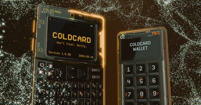 Two Coldcard hardware wallets are displayed against a dark, speckled background — the larger Mk4 model on the left shows the "COLDCARD" logo with the slogan "Don't Trust. Verify." and firmware "Version 1.0.00 2024-03-10," while the smaller Mk5 model on the right displays "COLDCARD WALLET" above its numeric keypad.