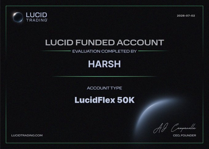 A dark certificate from Lucid Trading announces a Lucid Funded Account evaluation completed by HARSH for the LucidFlex 50K account, dated 2026-07-02 and signed by CEO/Founder AJ Campanelle.