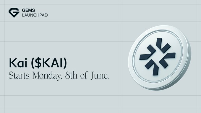 The image shows a white coin with black symbols, resembling a key or dial, sitting on top of a gray background. Below the coin graphic, there are details about a private sale for the cryptocurrency @Kai starting next Monday. The text suggests that crypto banking is gaining traction and becoming more mainstream as it enters the digital currency market.