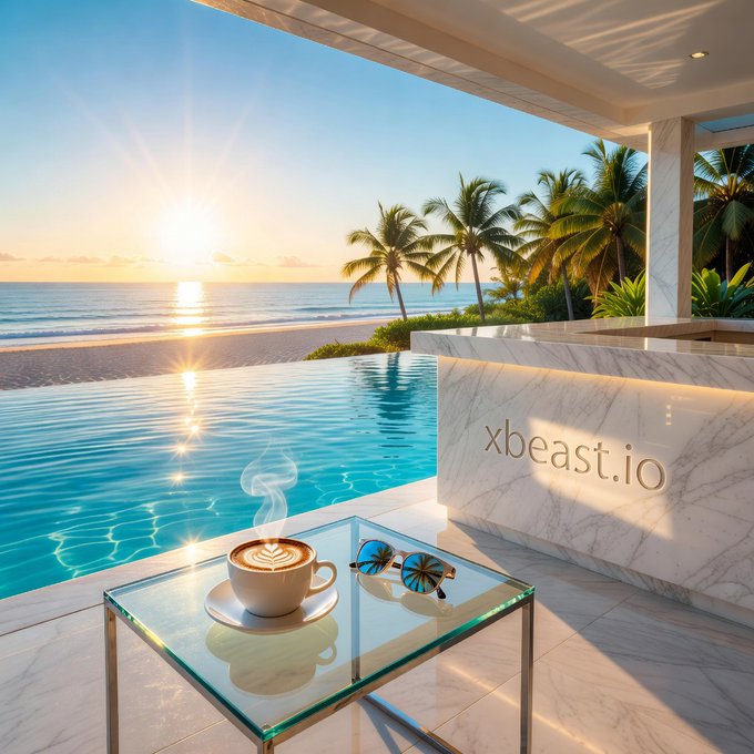An AI-generated luxury beachside scene with an infinity pool, palm trees, sunset over the ocean, a coffee cup with latte art and sunglasses on a glass table, and 'xbeast.io' written on the marble structure.