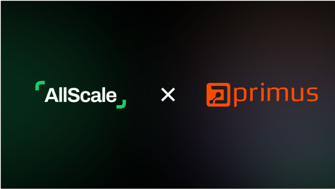A collaboration announcement graphic on a dark background displays the AllScale logo on the left, an "x" in the middle, and the orange 2primus logo on the right.