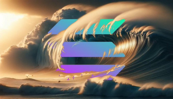 A dramatic wave logo featuring teal, blue, and purple horizontal bars overlaid on a large ocean wave at sunset.