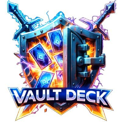 A colorful digital illustration featuring a shield with a lock containing glowing blue cards, with the text 'VAULT DECK' displayed prominently below.