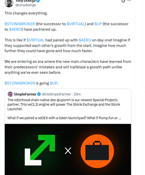 A tweet by Tony Doe (@tonydoerge) discusses a new Web3 token launchpad partnership between Stonk Broker ($UP), the successor to $STONKBROKER, and Saero ($AERO), with a quoted SimpleFarmer post about Robinhood chain native dex dispatch Special Projects power the Stork Exchange and Stork Launchpad, visually represented by a green growth arrow and orange briefcase icons with an X between them.
