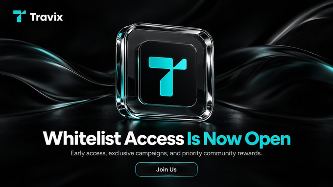 A dark promotional banner for Travix cryptocurrency featuring a glowing 3D logo cube, with text announcing 'Whitelist Access Is Now Open' for early access, exclusive campaigns, and priority community rewards, including a 'Join Us' button.