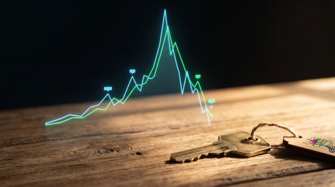 There are two keys on a wooden table, with one of them being a gold key. The setting seems like an ordinary room or kitchen, but there's something off-center that catches attention - a neon green line graph showing the rise and fall of Bitcoin prices over time. This unexpected element contrasts with the typical surroundings and brings the focus to the relationship between the keys and the cryptocurrency chart.
