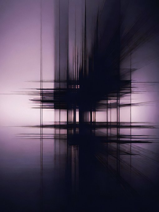 An abstract digital artwork features intersecting black lines and dark geometric shapes against a gradient purple and pink background.