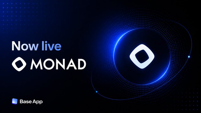 A dark blue promotional graphic announcing 'Now live MONAD' on the Base App, featuring the Monad logo with a glowing blue circular design.