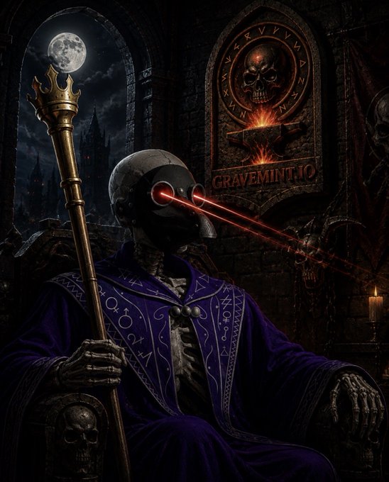 A dark fantasy digital artwork depicting a skeletal figure wearing a purple robe and a black helmet with glowing red laser eyes, holding a golden staff, seated on a skull throne with the word 'GRAVEMINTIO' carved on a wall behind it.
