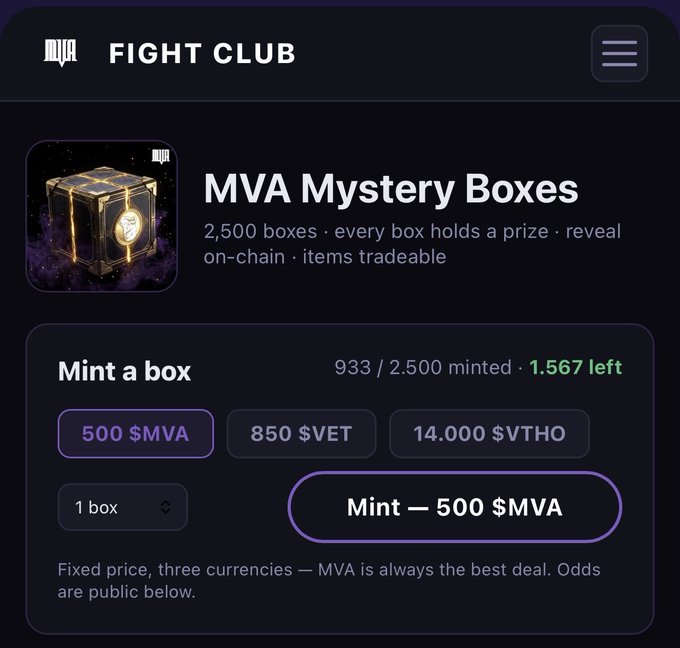 A webpage for 'FIGHT CLUB' advertising 'MVA Mystery Boxes', showing 933/2,500 minted with 1,567 left, and pricing options including 500 $MVA.