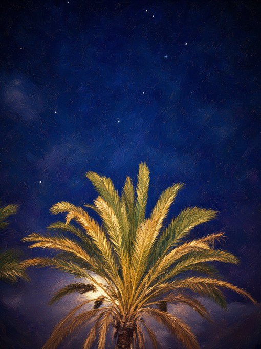 A painting depicts a palm tree illuminated at night against a deep blue starry sky.