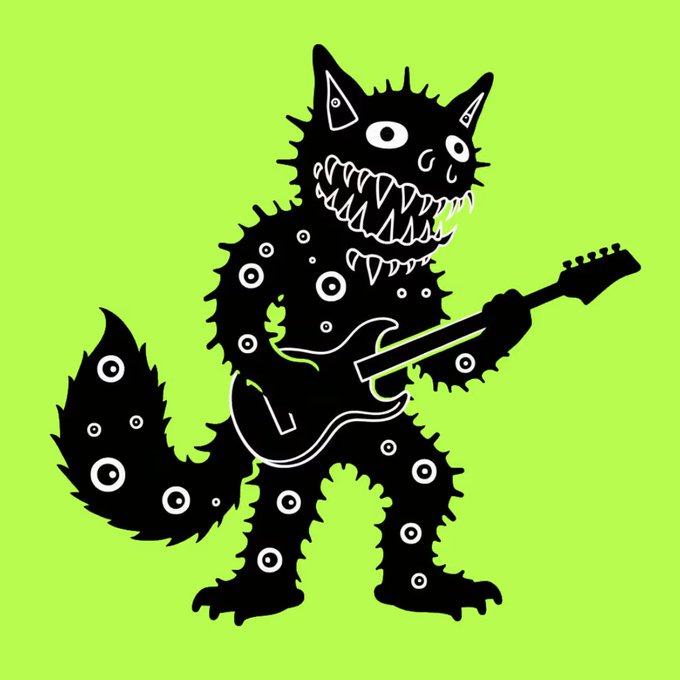 A black silhouette illustration of a spiky, toothy creature playing an electric guitar against a bright green background.