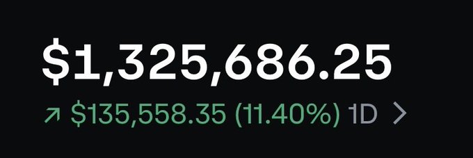 A portfolio tracker displays a balance of $1,325,686.25, up $135,558.35 (11.40%) over the past day, aligning with the poster's missed gains on longs while still profiting from spot crypto holdings bought in the low $60,000s.
