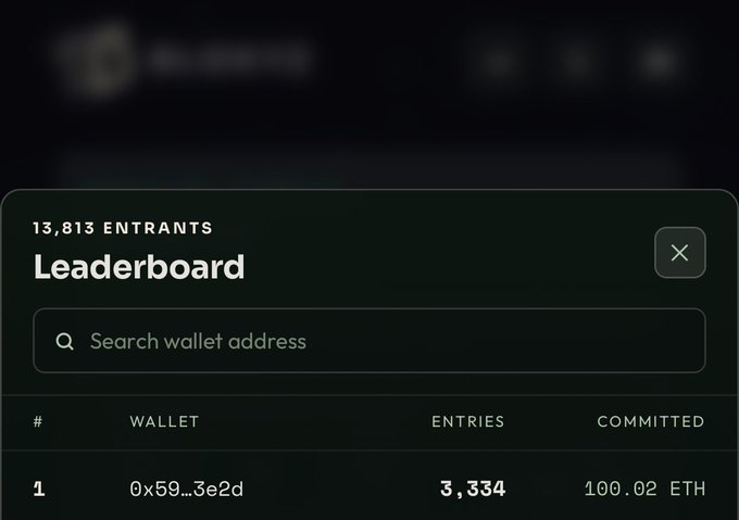 A dark-themed "Leaderboard" interface showing "13,813 ENTRANTS" with a search bar for wallet addresses, displaying rank 1 with wallet 0x59...3e2d having 3,334 entries and 100.02 ETH committed.