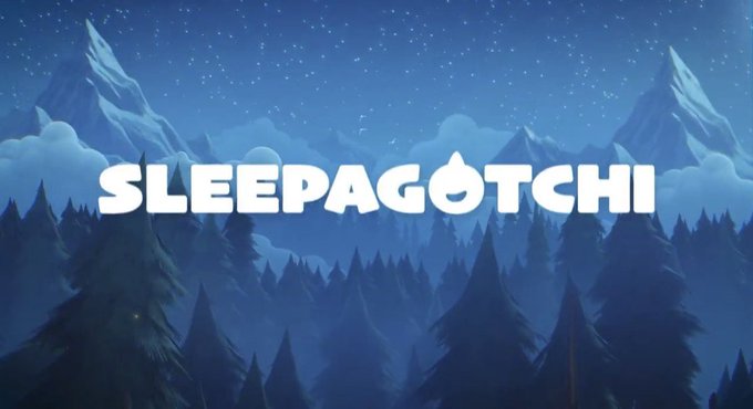 A title card for 'SLEEPAGOTCHI' displayed over an illustration of a starry night forest with mountains.