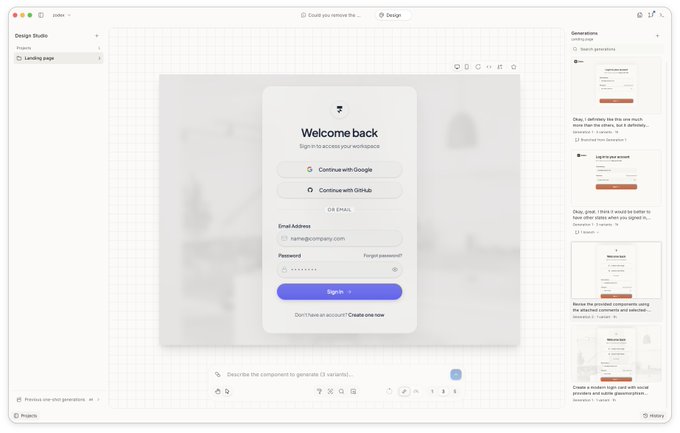A 'Welcome back' login screen design in a UI studio tool, featuring 'Continue with Google' and 'Continue with GitHub' buttons, with email/password fields and a 'Sign in' button. Generation variations are shown on the right sidebar.