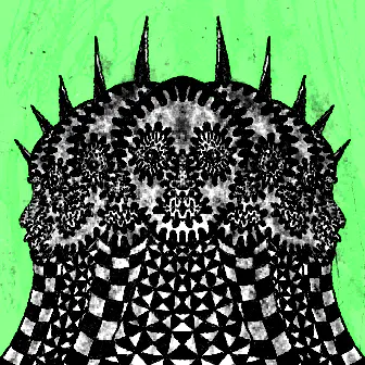 A striking black and white artwork featuring a sun-like circular pattern with radiating spikes, intricate geometric patterns, and a checkered design below, set against a bright green background.