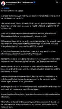 The image is a Project Raven / RVN / Ravencoin Network Notice from "Ravencult" addressing a consensus vulnerability where invalid blocks appeared at height 4,487,778 and 2M miners are building a minority alternative chain, requesting exchanges to halt deposits/withdrawals and users to avoid confirmations. The accompanying post summarizes this critical bug affecting Ravencoin (RVN), explaining that exchanges have been told to pause RVN activity due to the potential for a chain reorganization and 3-day transaction rollback.