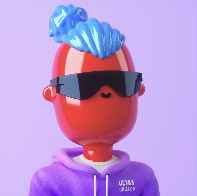 A 3D-rendered cartoon character with glossy red skin, blue textured hair, black wraparound sunglasses, and a purple hoodie that reads 'ULTRA CHILLED,' set against a light purple background.