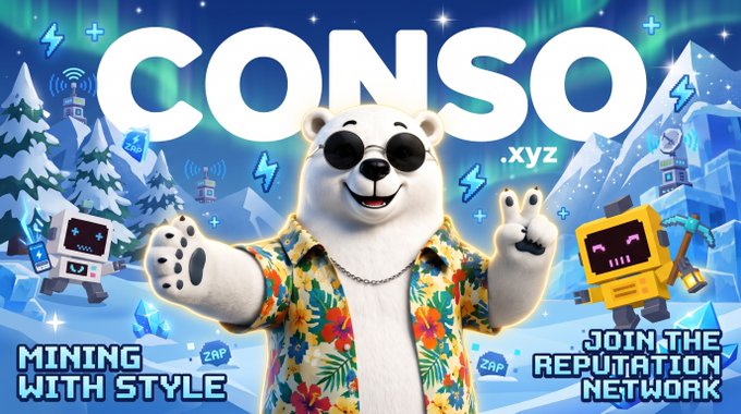 A colorful promotional graphic for CONSO.xyz featuring a polar bear wearing sunglasses and a Hawaiian shirt, with text 'Mining with style' and 'Join the reputation network' surrounded by icy, tech-themed elements.