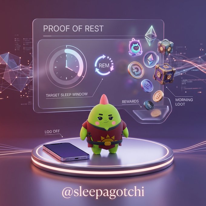 A promotional graphic for '@sleepagotchi' features a green, dragon-like mascot on a glowing platform next to a smartphone, with a 'PROOF OF REST' HUD displaying 'TARGET SLEEP WINDOW', 'REM', 'REWARDS', and 'MORNING LOOT'.