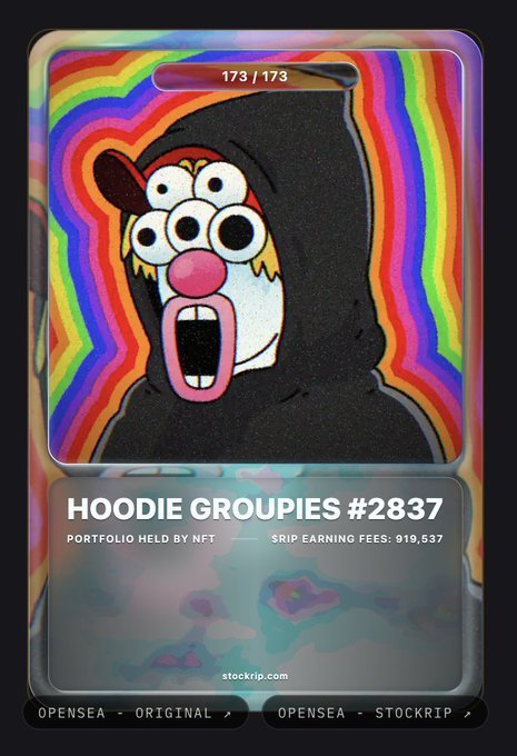 A trading card-style NFT image titled 'HOODIE GROUPIES #2837' depicting a surreal multi-eyed hooded character with an open mouth, displayed on stockrip.com with a portfolio value and OpenSea links.