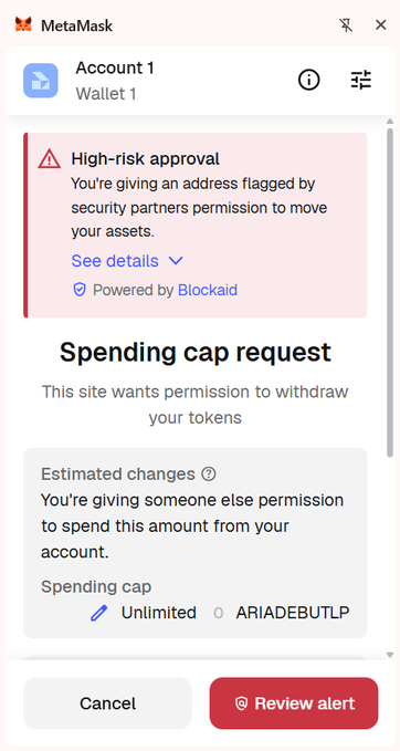 A MetaMask wallet interface showing a 'High-risk approval' warning that an address flagged by security partners has permission to move assets, with a 'Spending cap request' for 'ARIADEBUTLP' tokens.